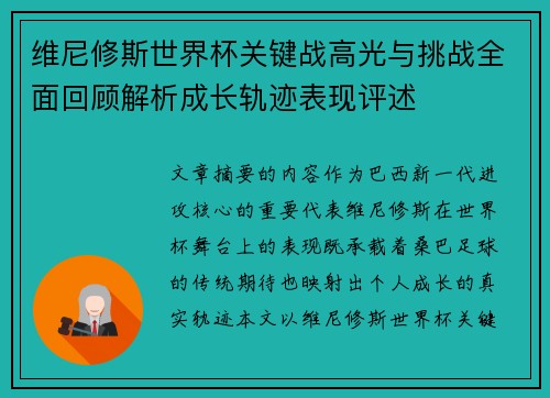 维尼修斯世界杯关键战高光与挑战全面回顾解析成长轨迹表现评述